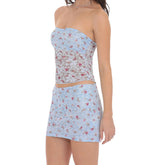 Blue Mesh Floral Lace Crop Tube Top And Mini Skirt Set